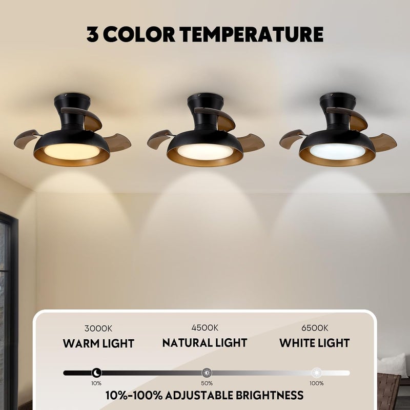 APBEAMLighting 23 Inch Black and Gold Ceiling Fan with Light and Brown Retractable Blades Small Led Light Fixture Ceiling Modern Fandelier Fan Lights Cei ling Fixtures for Bedroom Dining Room Kitchen - Image 4